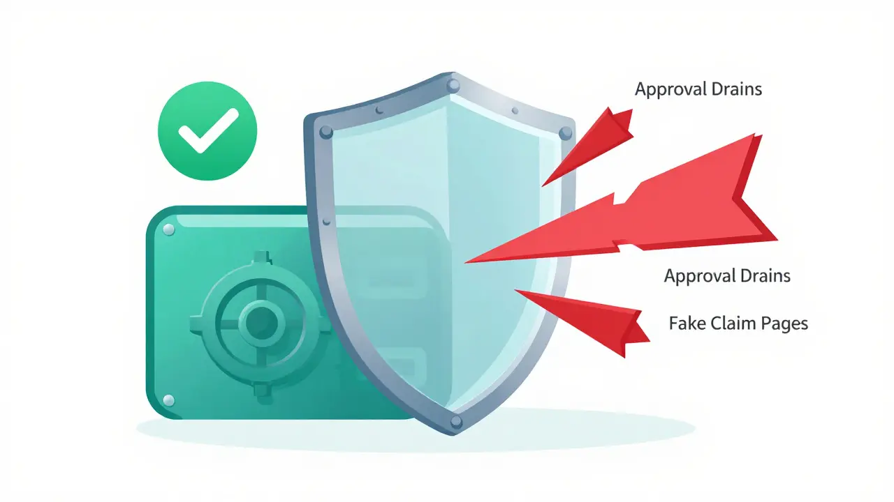 Shield protecting a digital wallet from phishing attacks and scam arrows