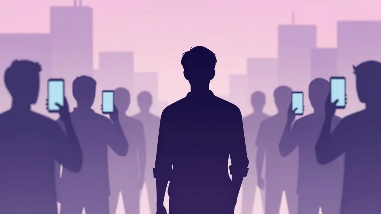 Silhouette of a man separated from a crowd of phone users in UPA illustration style.