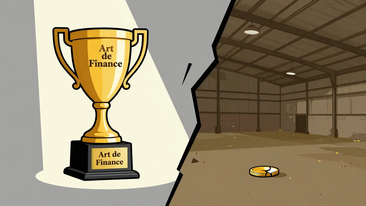 Split image showing hype vs reality for Art de Finance token in UPA style