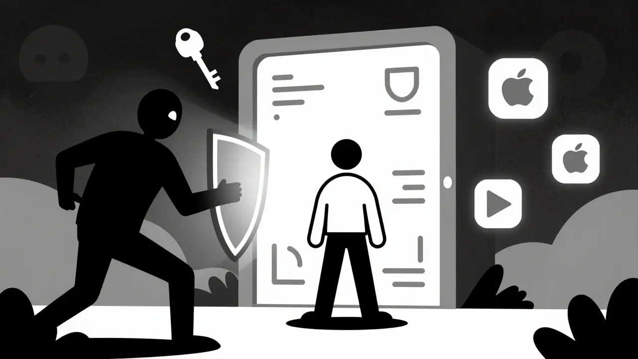 Stylized character avoiding scam shadows near secure app portal