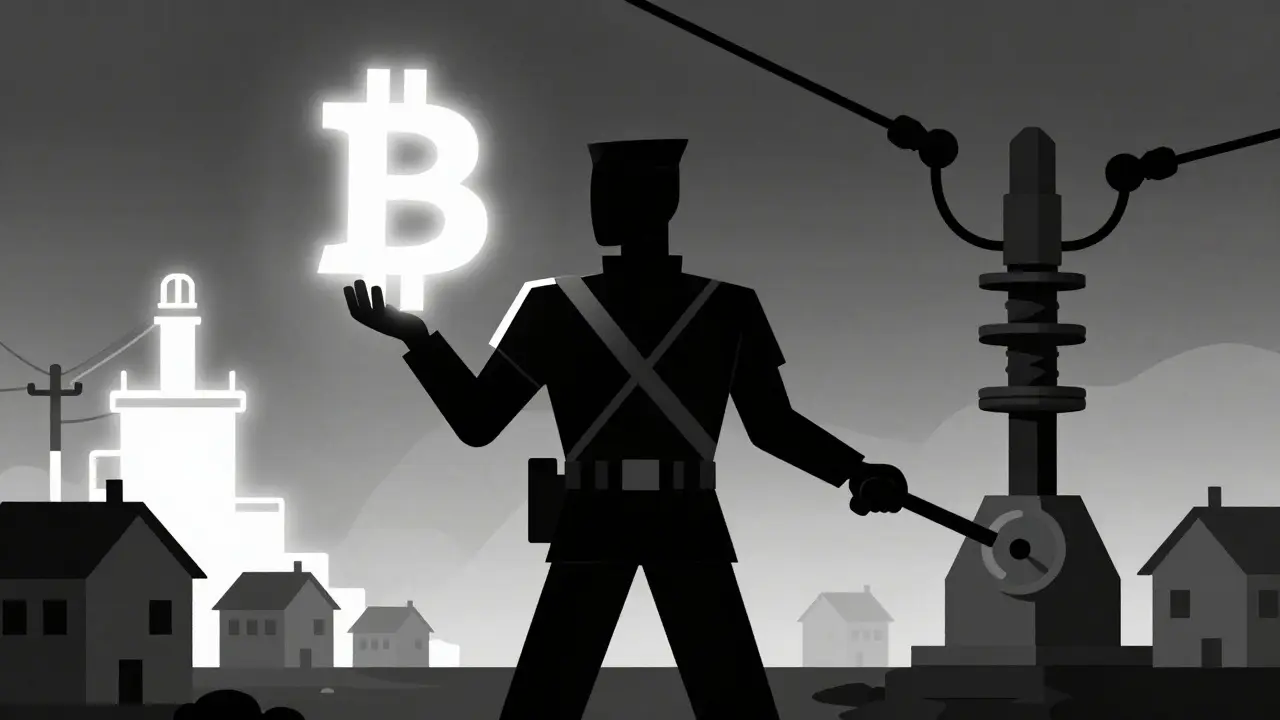 Stylized figure controlling power grid while citizens face blackouts