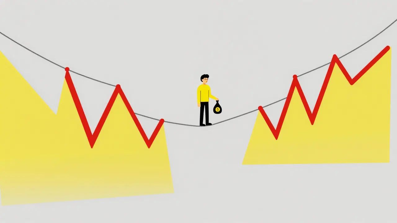 Stylized figure on tightrope representing crypto volatility