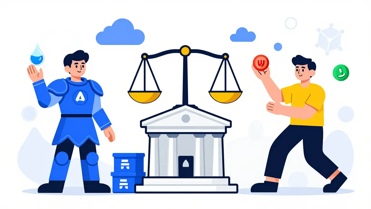 Three stylized characters representing Lido, Aave, and Uniswap protocols.