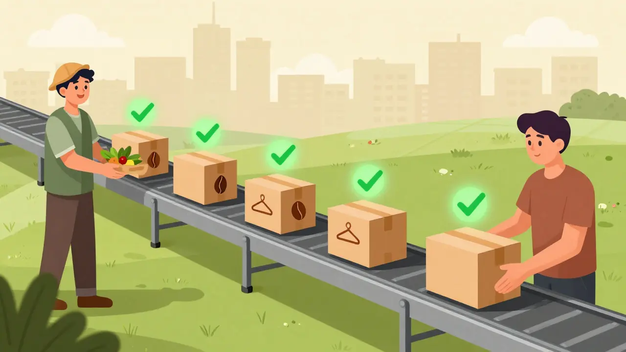 Transparent supply chain with verified goods moving on a belt