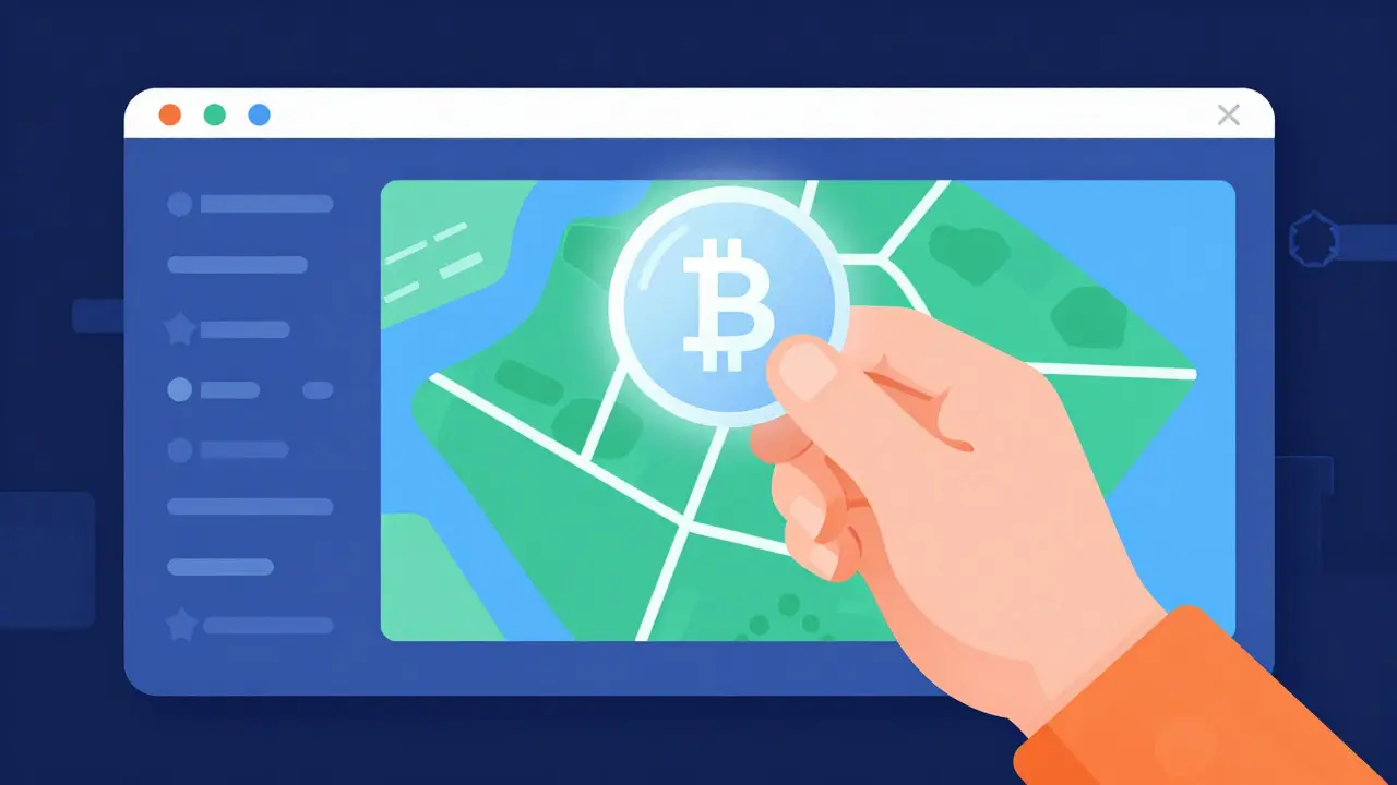 Abstract cartoon of digital tokens and land parcels in a crypto ecosystem.