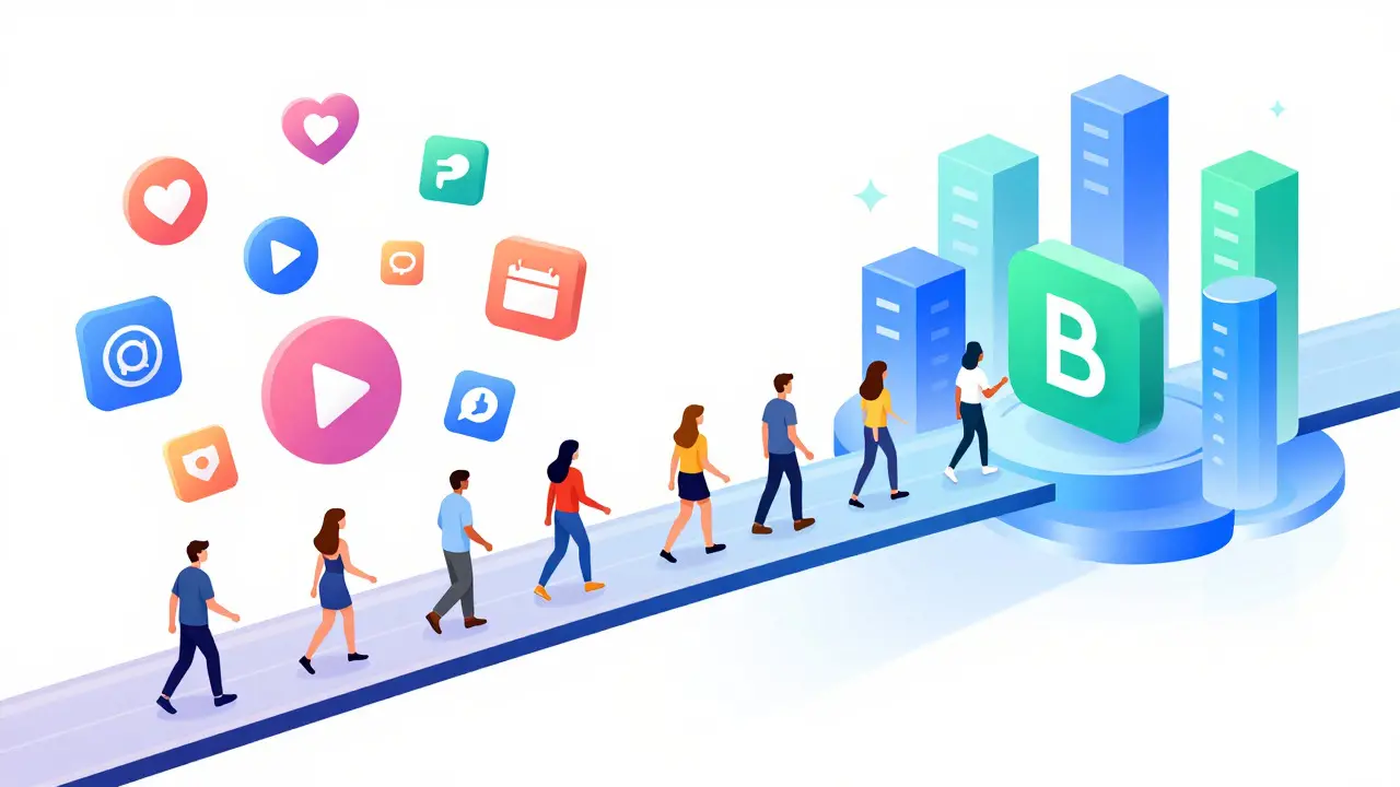 Bridge connecting social media symbols to blockchain structures