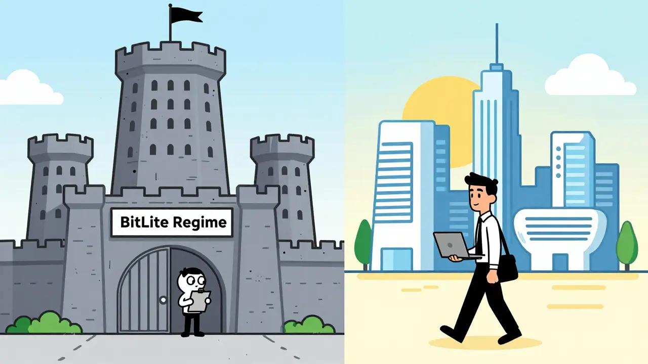Cartoon contrast of strict NY regulation fortress vs open CA innovation hub for crypto startups