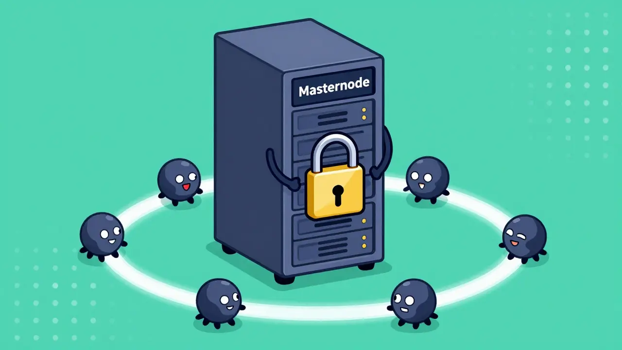 Cartoon masternode server distributing rewards to smaller staker nodes