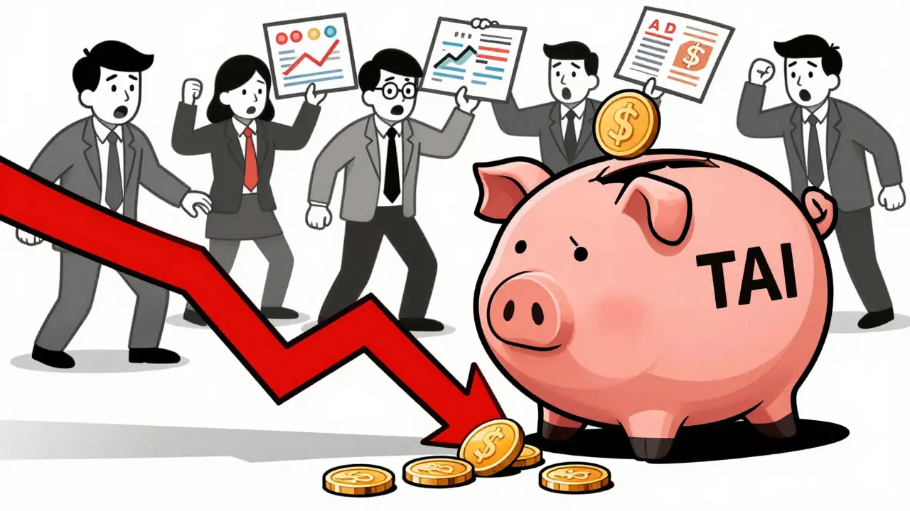 Cartoon piggy bank breaking over a downward price chart with confused investors