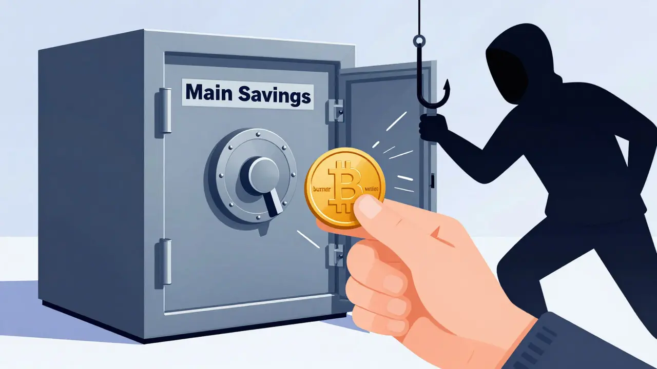 Cartoon showing a user protecting main funds by using a separate burner wallet.