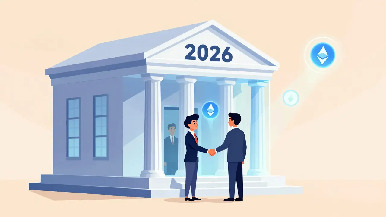 Cartoon showing banks merging with blockchain structures for integration