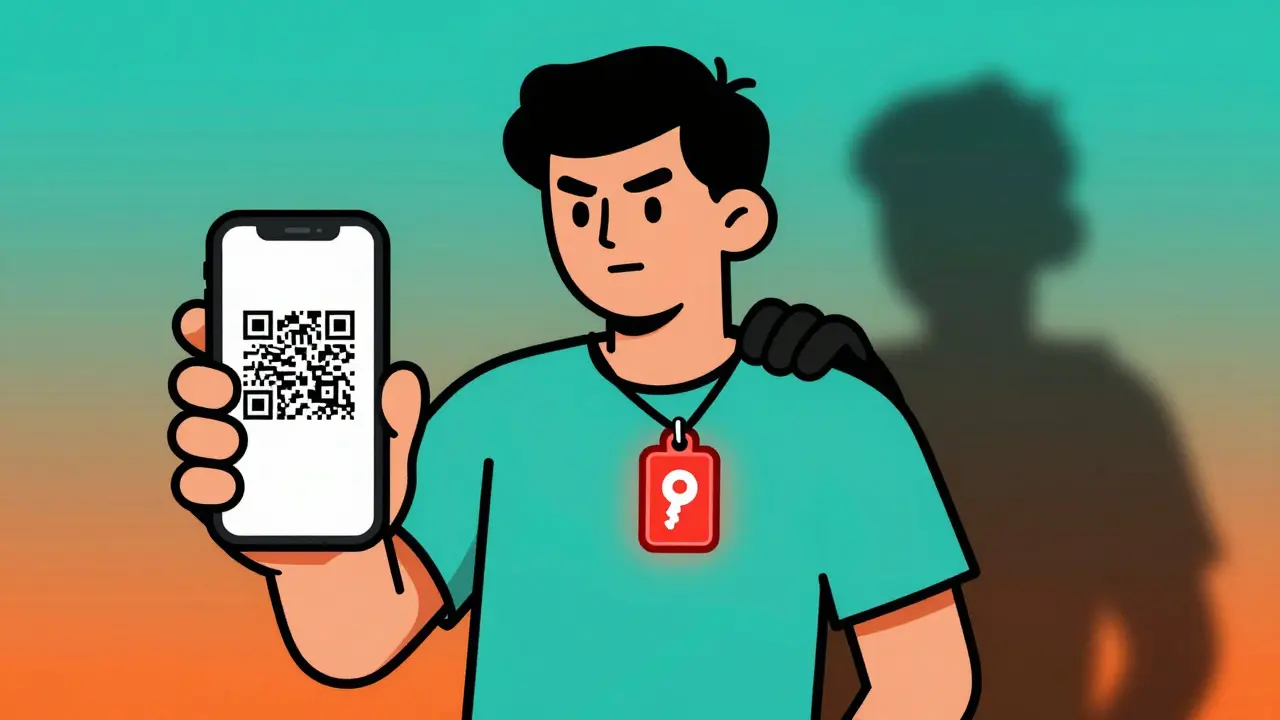 Character guarding a private key while sharing a QR code wallet address safely.