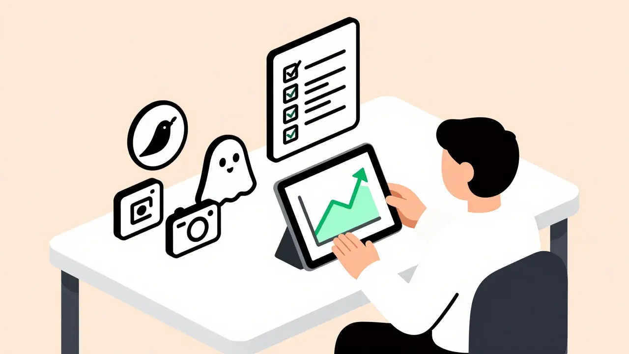 Character organizing social media tasks and watchlists on a desk