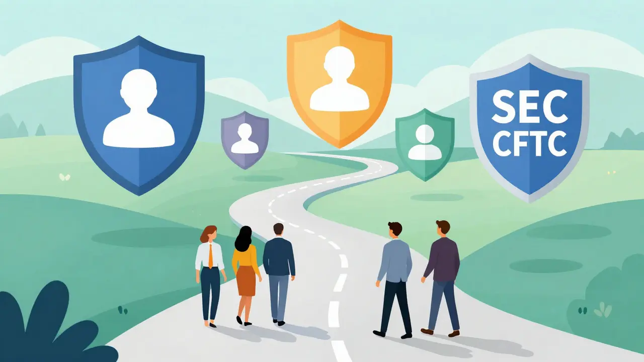 Characters walking a clear path under protective shields representing safe crypto compliance