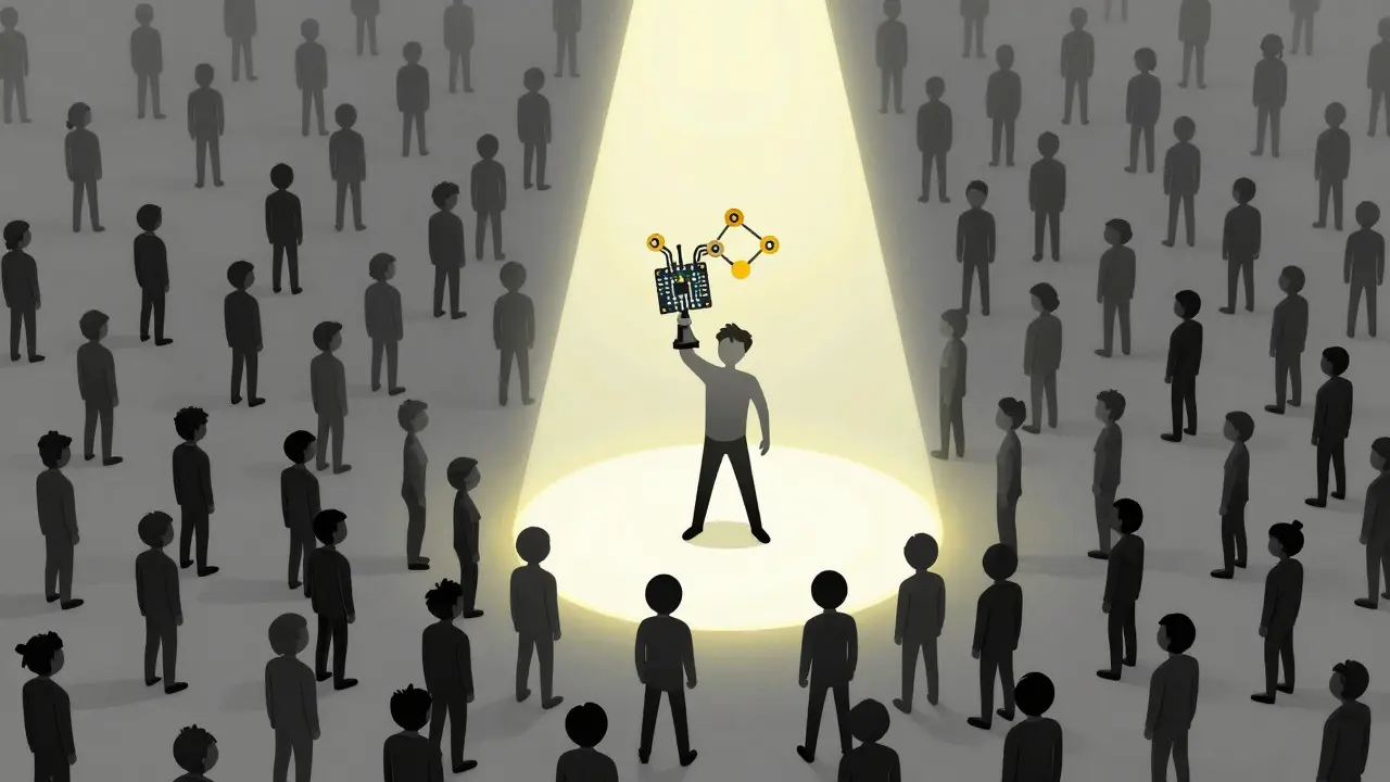 Crowd of silhouettes competing for a single spotlight winner