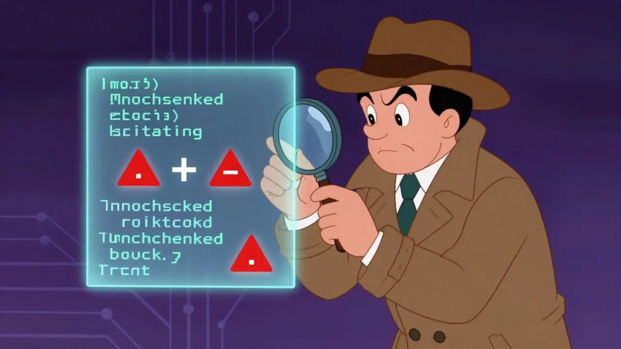 Detective character inspecting code blocks for security vulnerabilities using a magnifying glass.