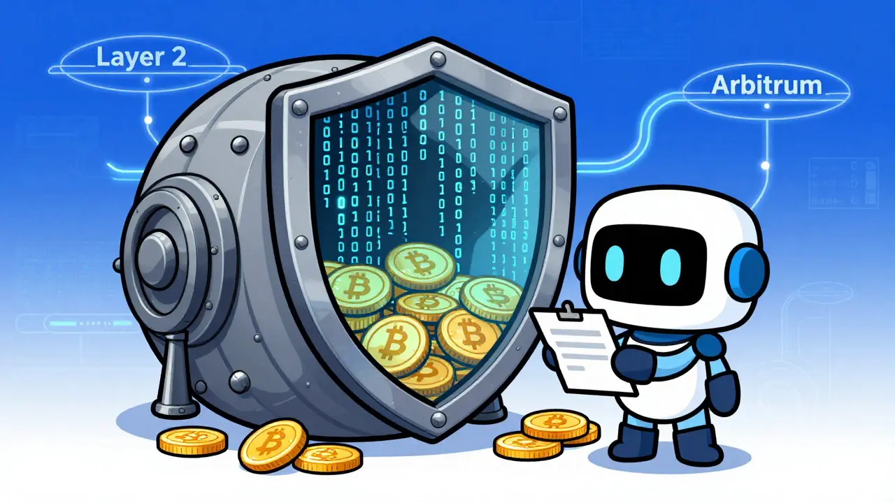 Digital shield protecting a crypto vault with a robot guard nearby