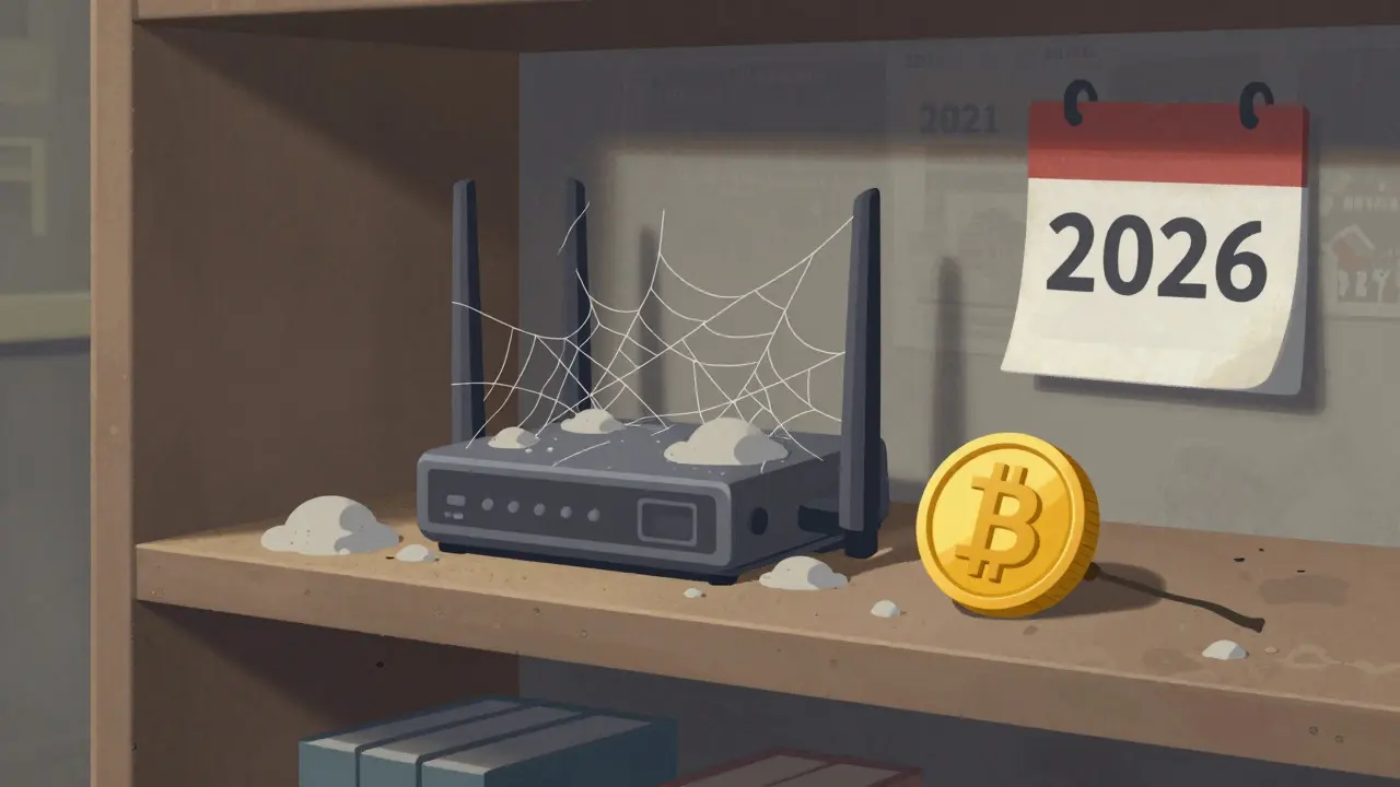 Dusty abandoned router and deflated coin in a closet