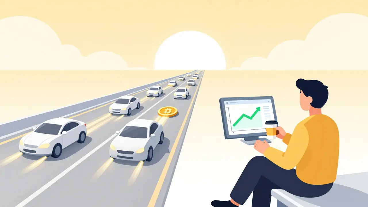 Futuristic crypto highway with relaxed trader