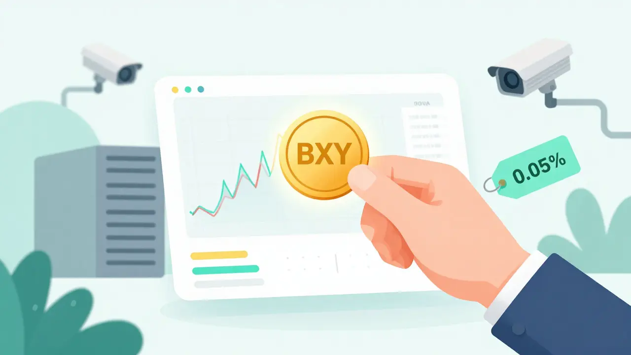 Hand using BXY token to unlock discounted trading fees on a dashboard.