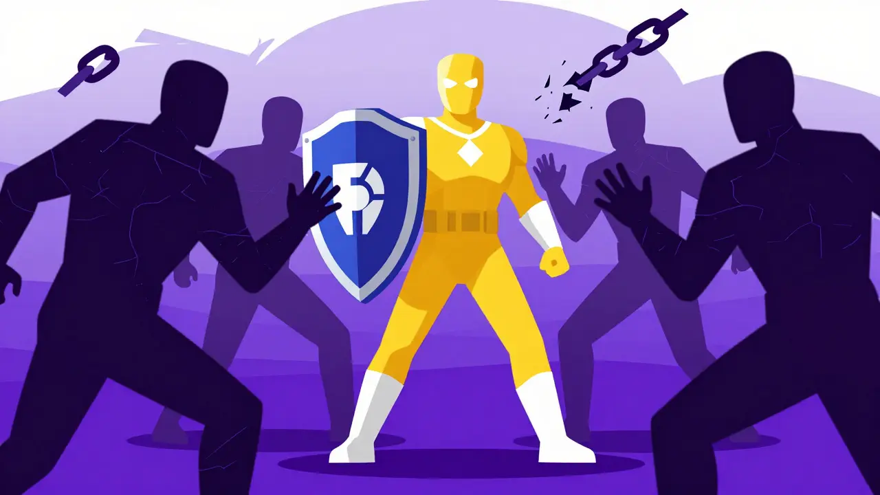 Heroic character blocking shadowy scam figures