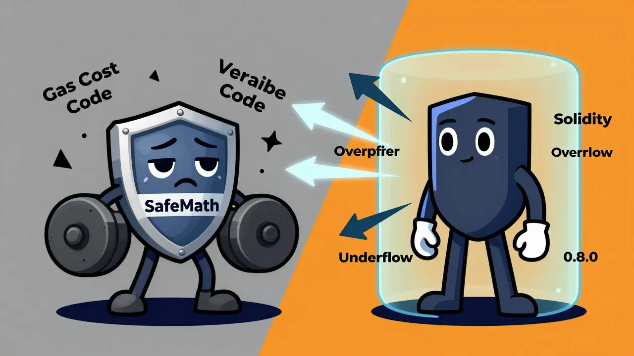Illustration comparing old SafeMath library vs new Solidity 0.8.0 automatic checks.