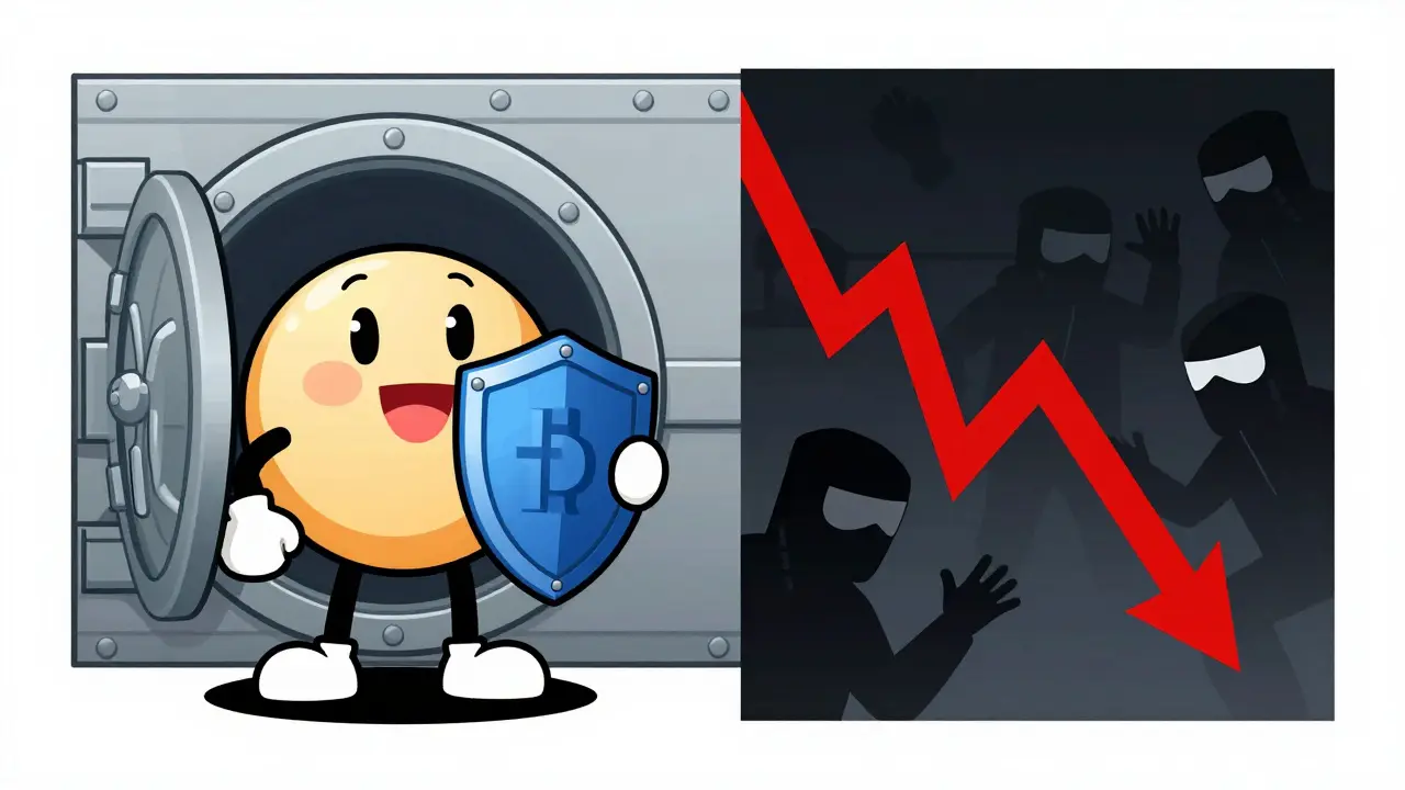 Illustration contrasting crypto security shields with market volatility risks