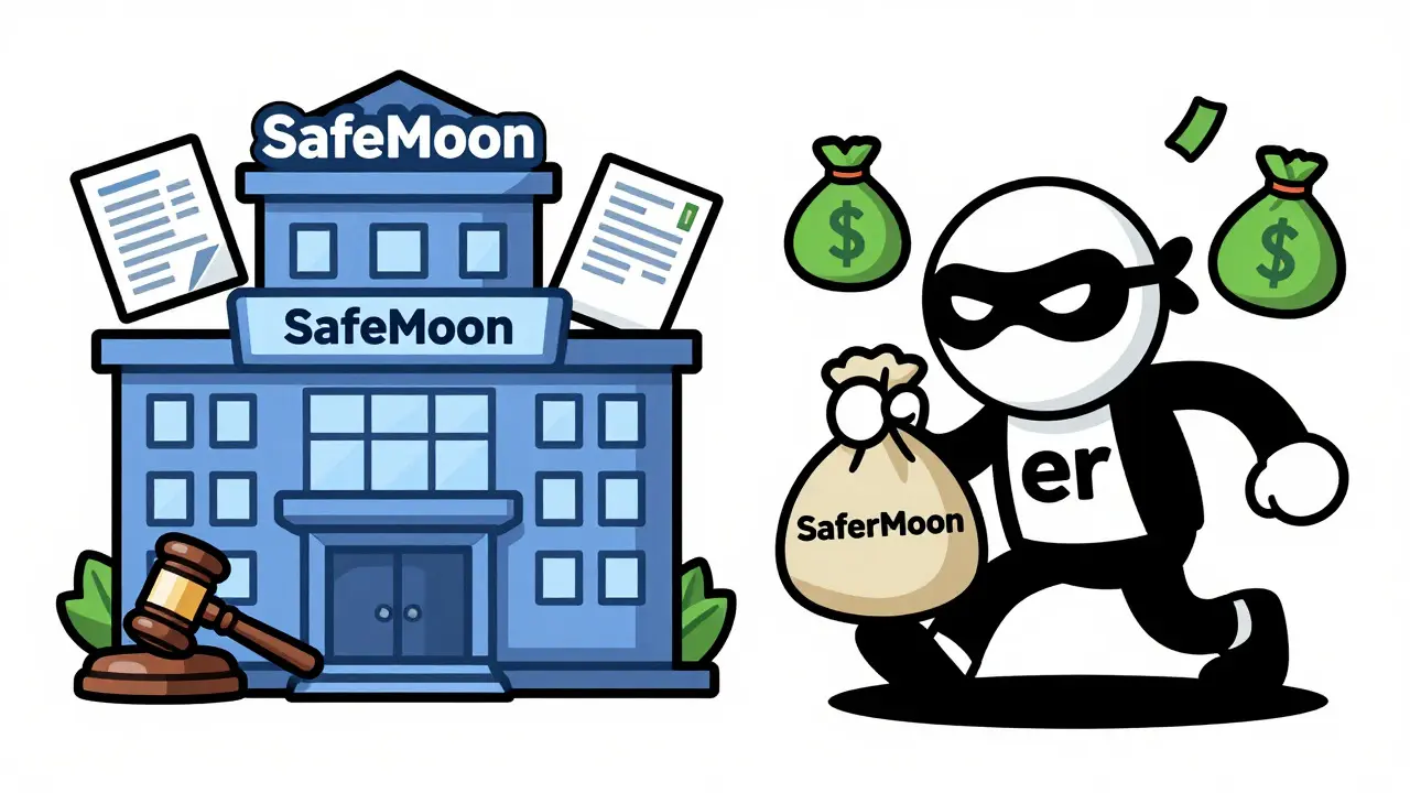 Illustration contrasting the original SafeMoon project with a sneaky SaferMoon scammer.