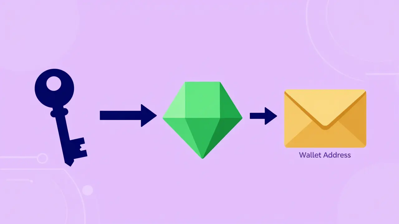 Illustration showing the derivation flow from private key to public key to wallet address.