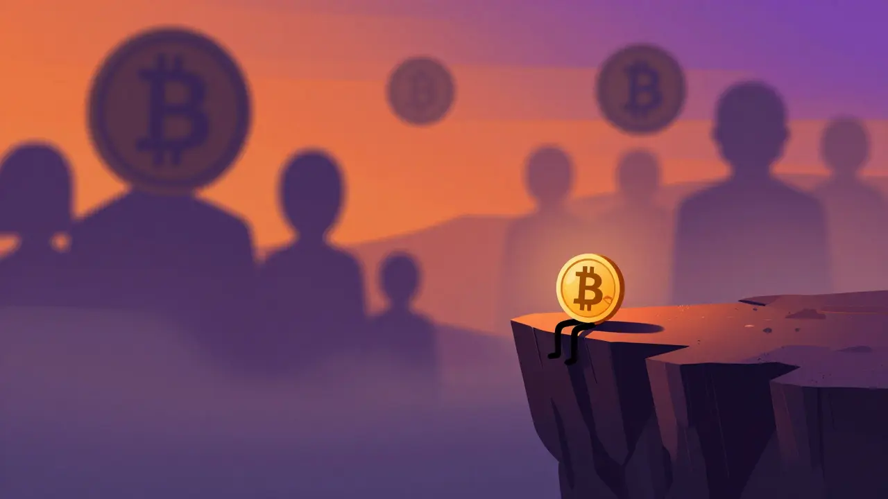 Lonely coin character on a cliff edge facing giant crypto shadows