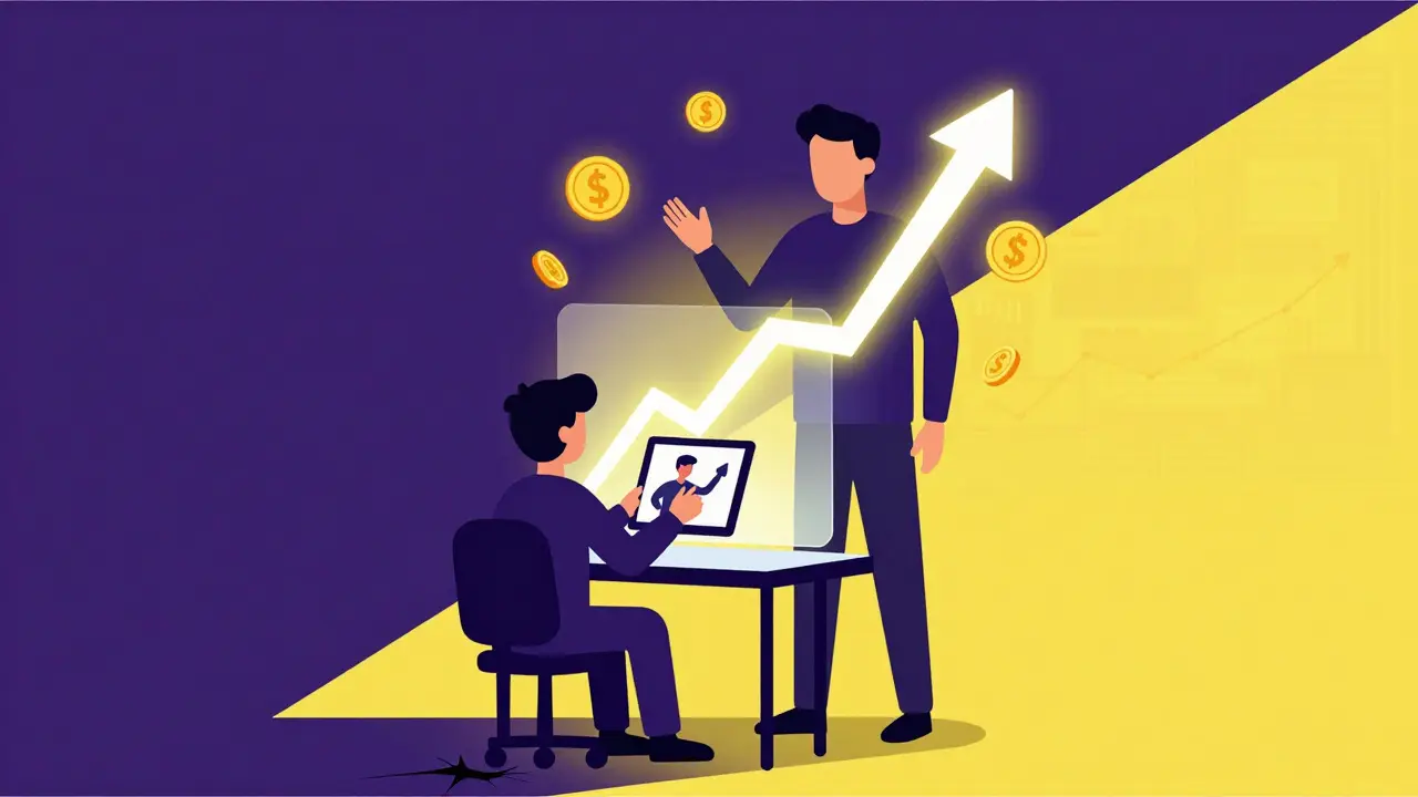 Novice trader copying an expert's moves via hologram in UPA style