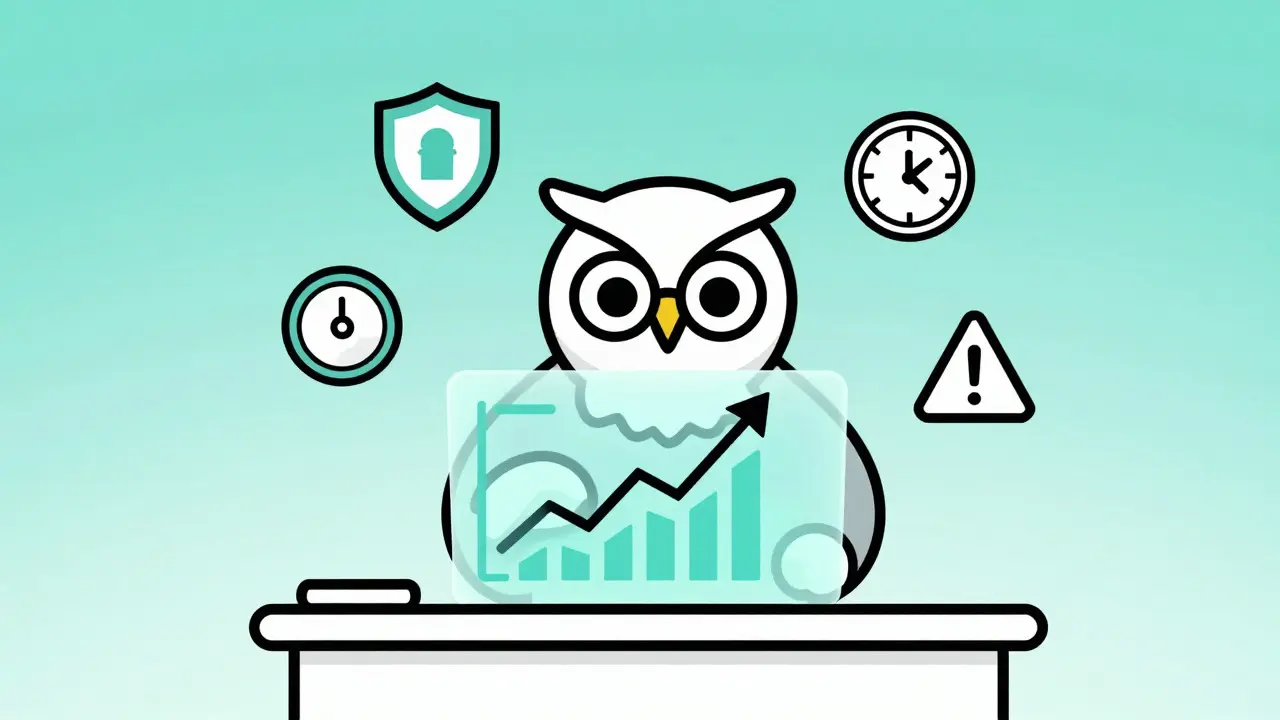 Owl reviewing holographic charts with security and risk icons