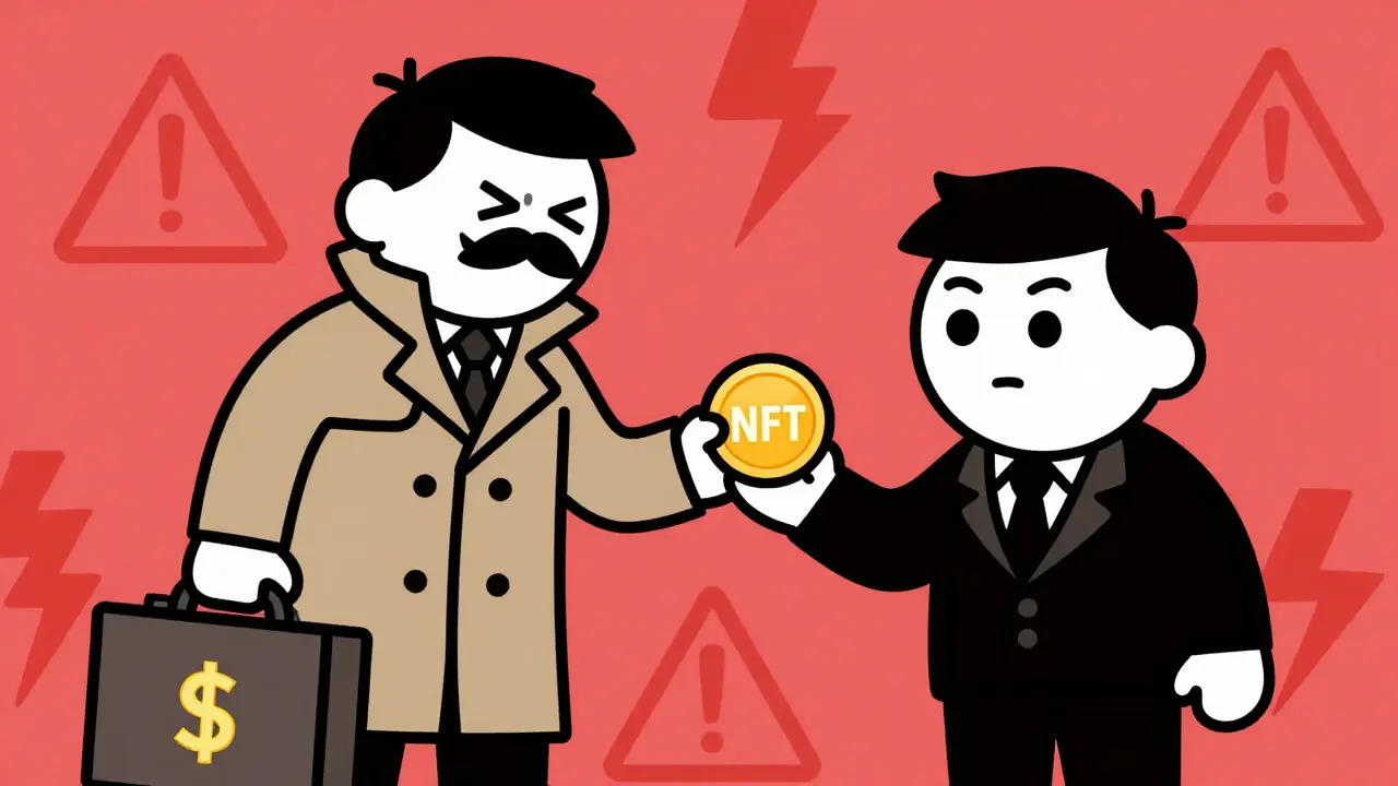 Shady figure offering golden NFT coin