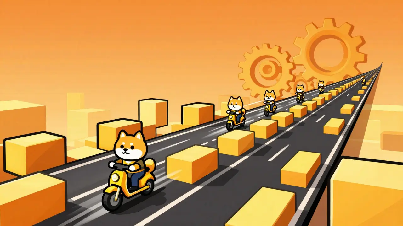 Shiba Inus riding scooters on a digital blockchain road