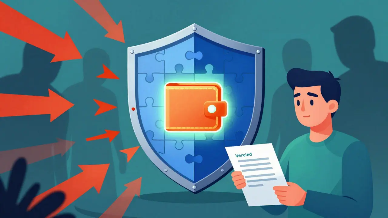 Shield protecting crypto wallet from scam attacks and phishing risks