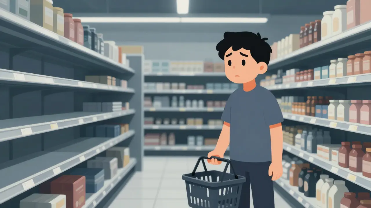 Shopper with empty basket in supermarket with bare shelves, UPA style