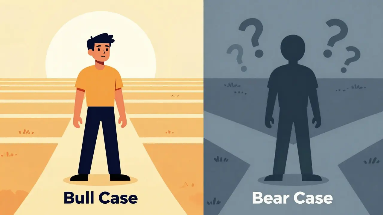 Split illustration showing optimistic vs skeptical views of a crypto project.