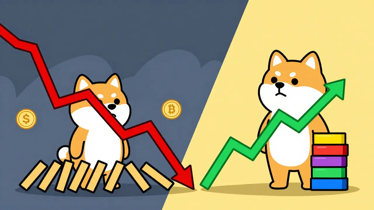 Split screen showing crypto market volatility risks