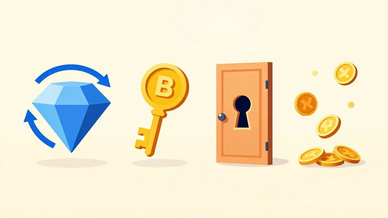 Stylized icons showing NFTs, tokens, gated access, and payments
