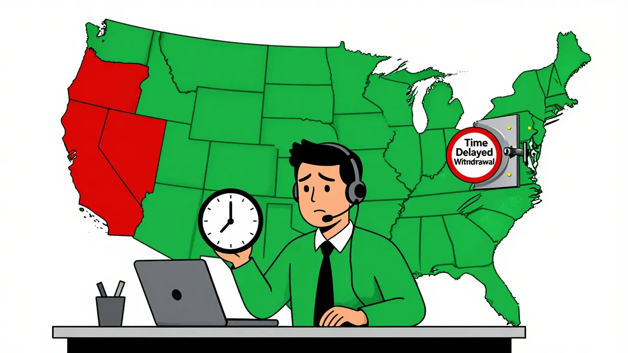 US map highlighting restricted states and slow withdrawal times.
