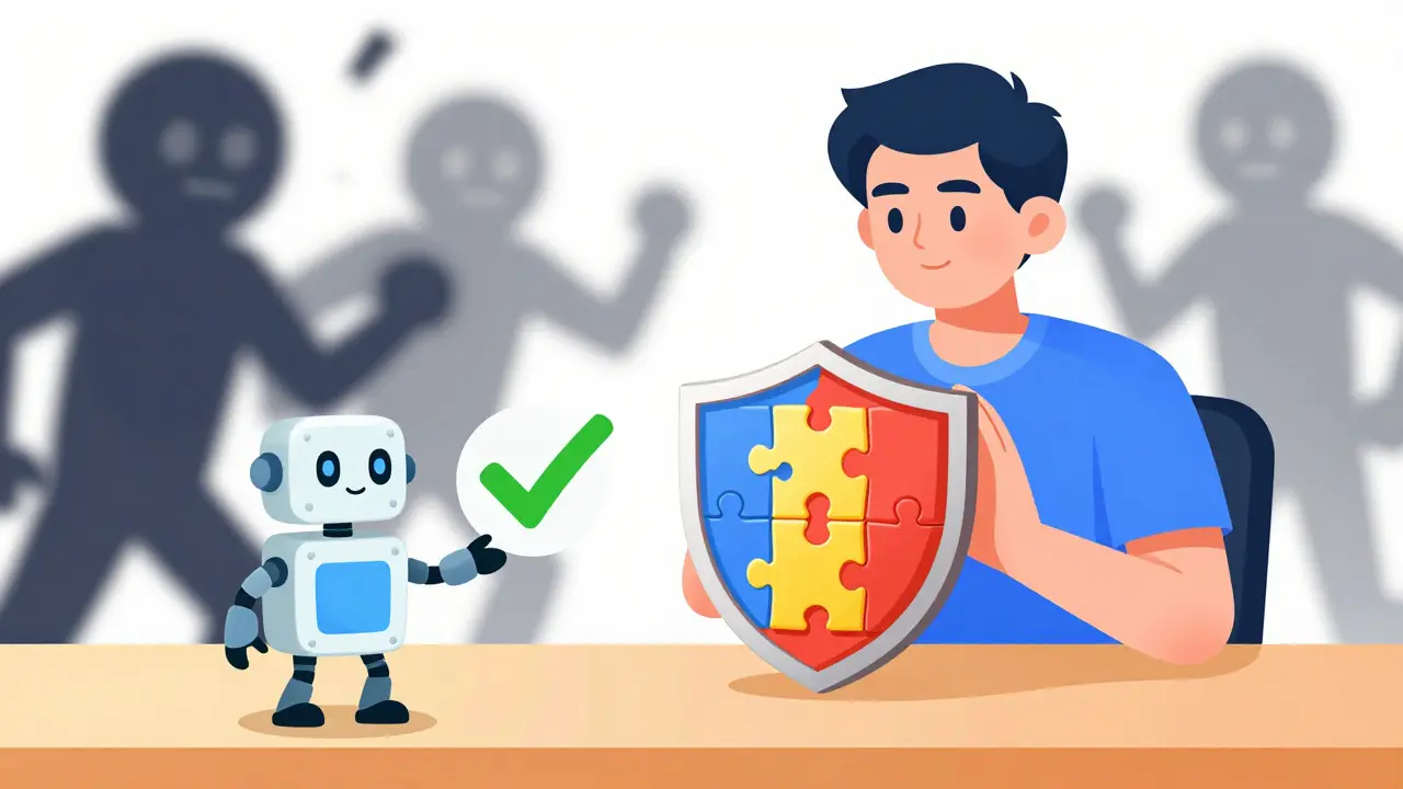 User protected by shield from scams