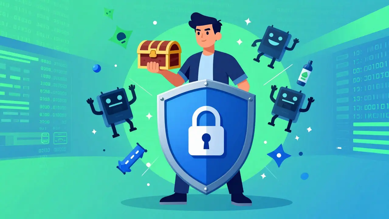 User protecting digital assets from scams with shield