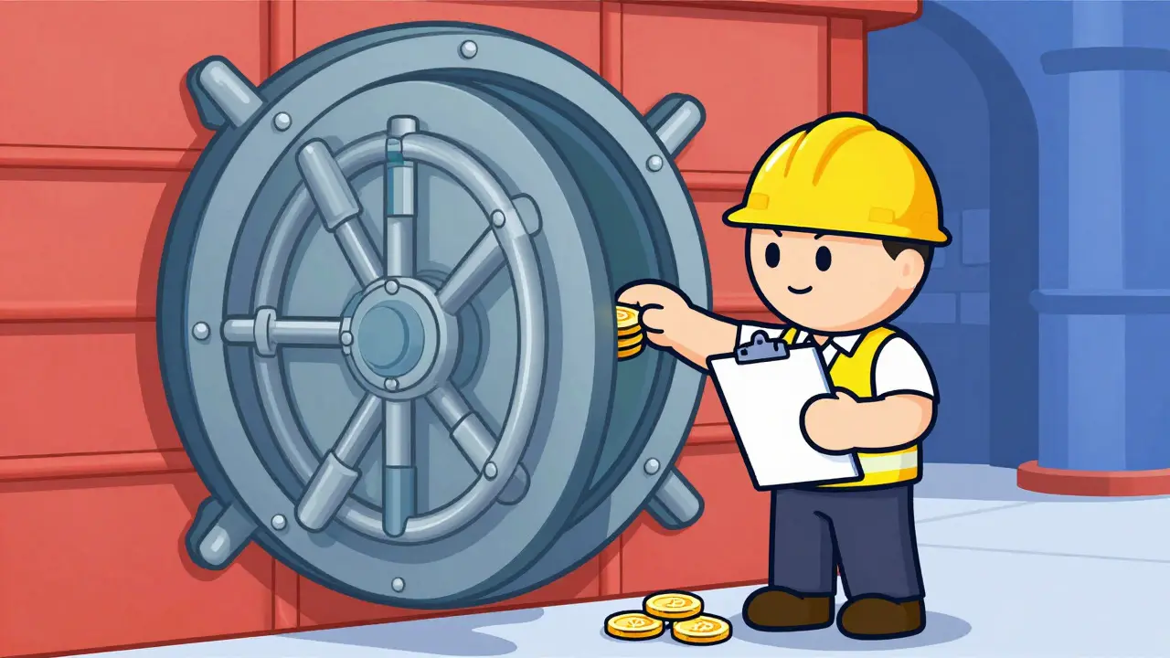 A cartoon worker carefully placing coins into a vault door in UPA illustration style