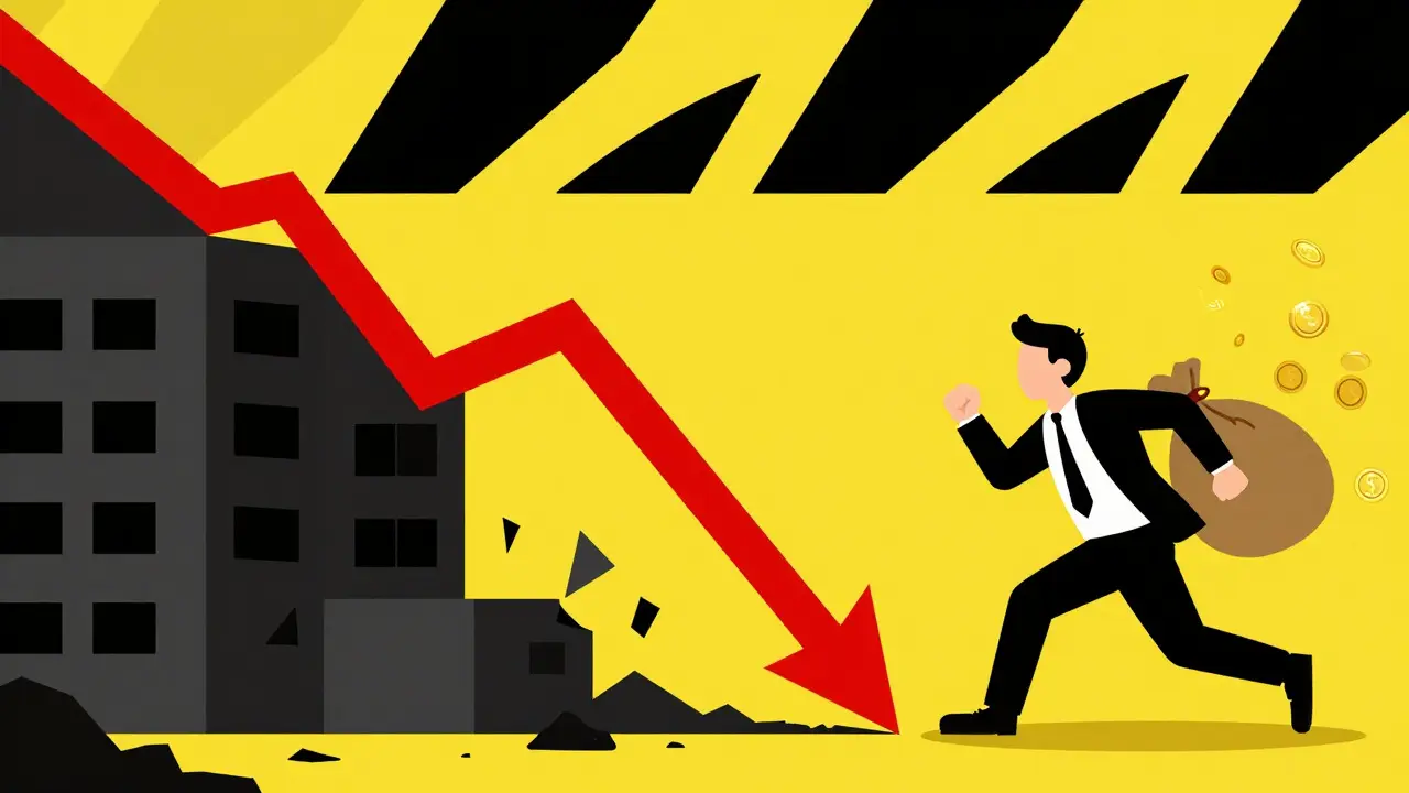 A founder running away with cash while a project crashes, depicting short vesting risks.