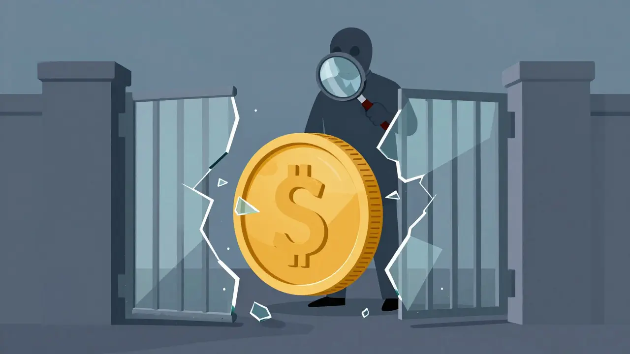 Abstract UPA style art showing a coin passing through a broken gate under regulatory scrutiny