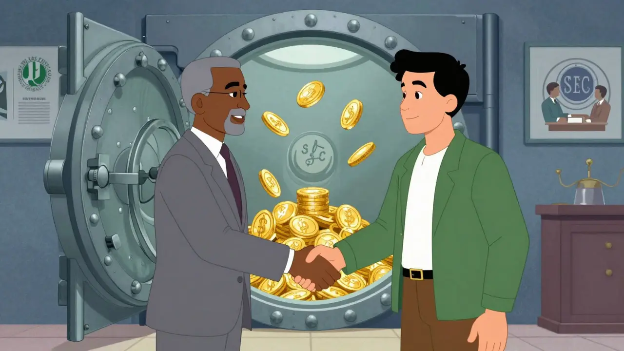 Banker and crypto founder shaking hands near vault, UPA style