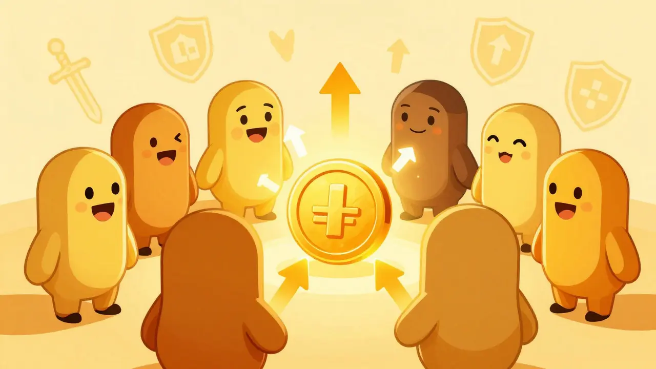 Cartoon avatars voting with a glowing coin in a UPA illustration style.