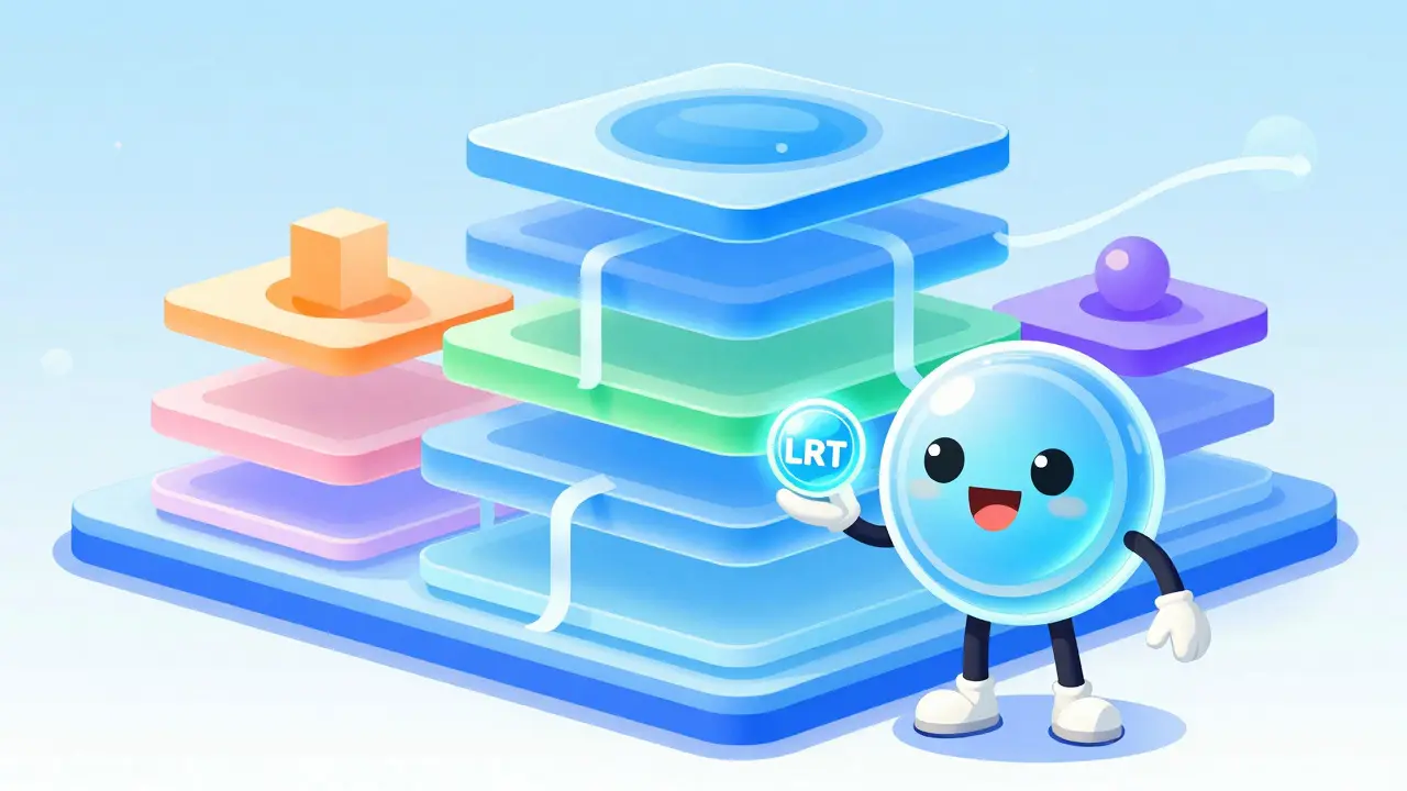 Cartoon character holding a glowing token with modular blockchain layers behind