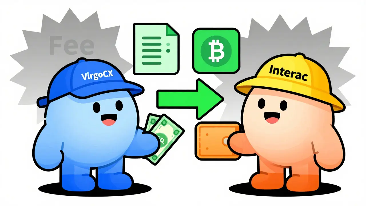 Cartoon characters exchanging cash for crypto via Interac, avoiding hidden fees