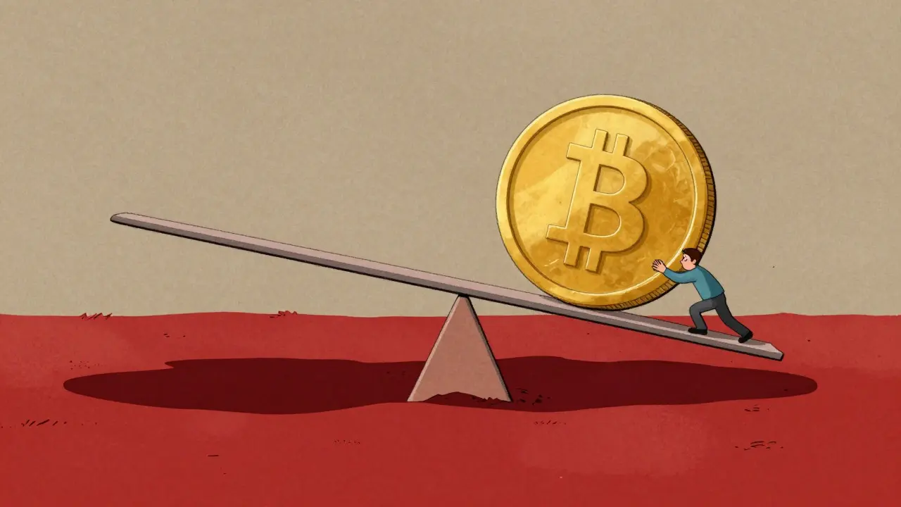 Cartoon depiction of a heavy coin balancing precariously on a thin stick